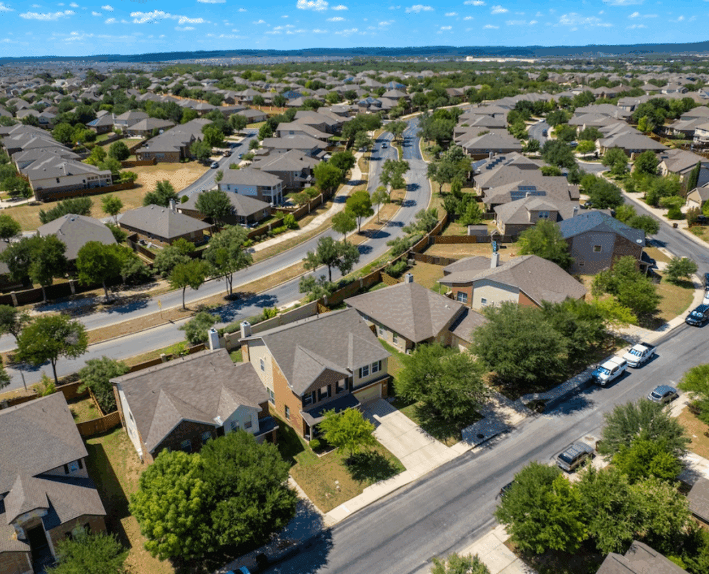 Aerial view of a Cypress neighborhood with homes and green spaces
